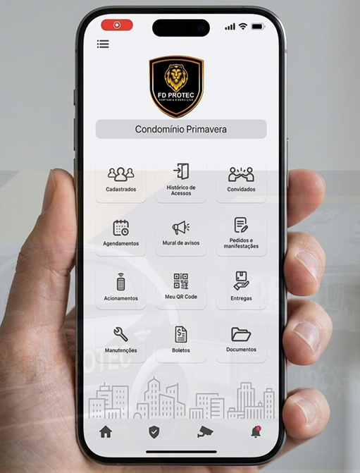 Aplicativo de gestão em nuvem da FD PROTEC exibido em um celular