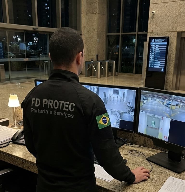 Profissional da FD PROTEC atuando na portaria e no monitoramento
